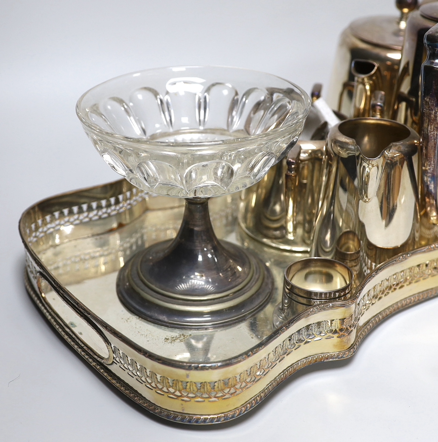An Ellkington’s sweet meat dish and other plated wares including a an early 20th century tray, 61cm long